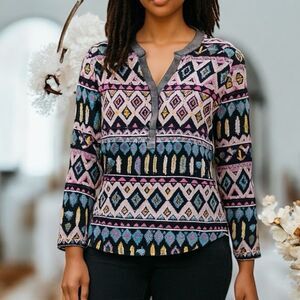 People Bohemian Festival Aztec Cotton Pink Black Blue Popover Top M